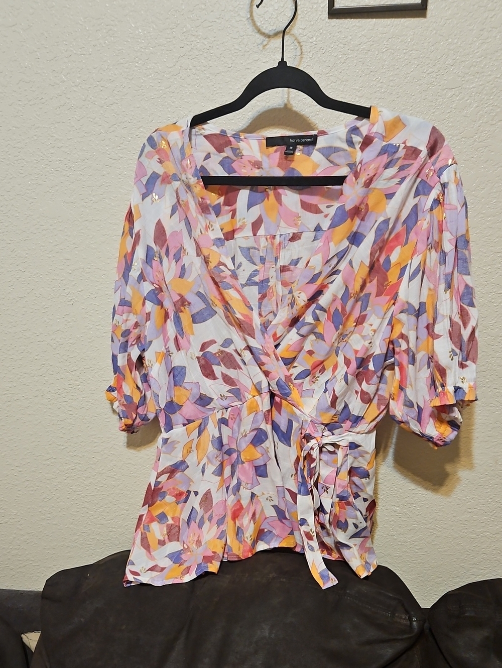 Harve Benard White Floral Wrap Top with Pink, Purple & Gold Leaves